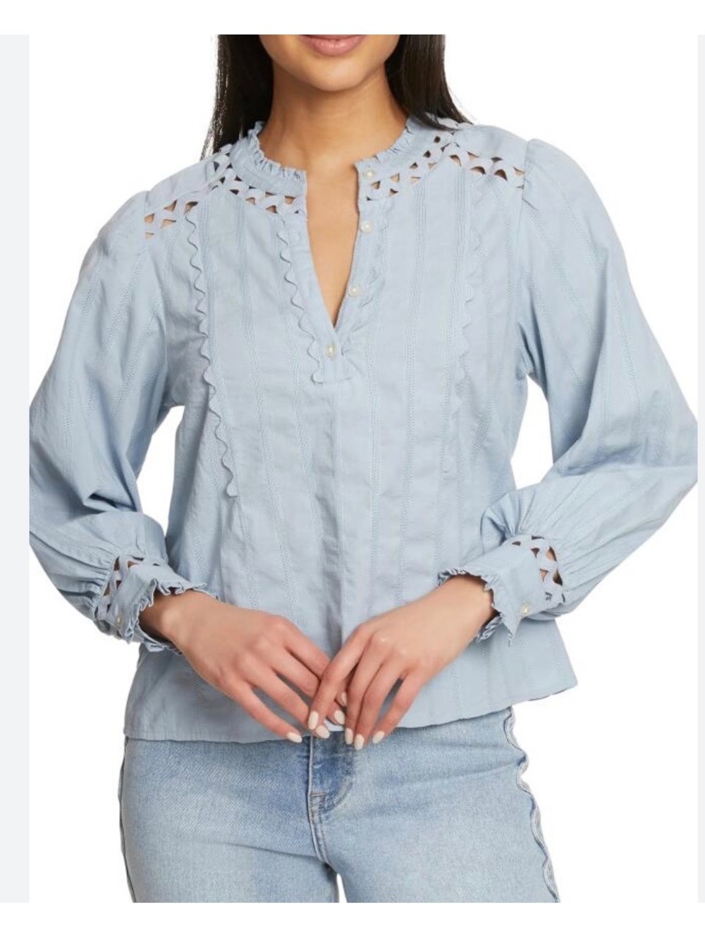 Women's Sam Edelman Vida Woven Cotton Shirt Dusty Blue L LARGE lace detailing